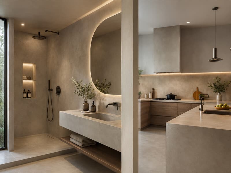 immagine di un bagno e una cucina realizzati in resina