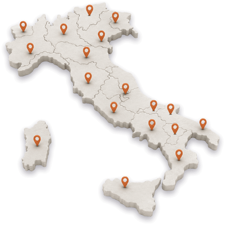 immagine 3d della mappa dell'Italia con pin nelle varie regione per servizio attivo su tutto il territorio nazionale