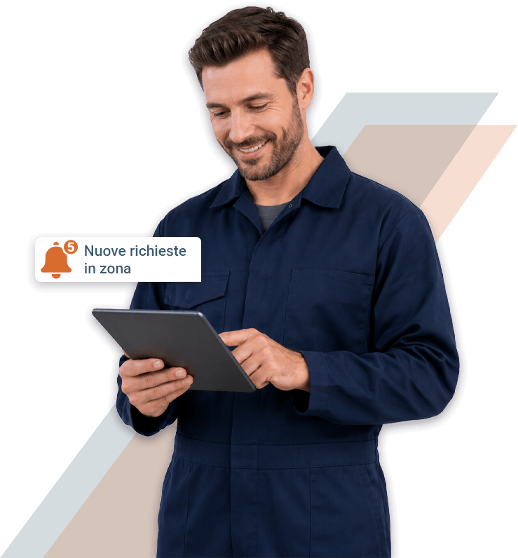 operatore resina sorridente con tablet in mano e notifica 5 nuove richieste
